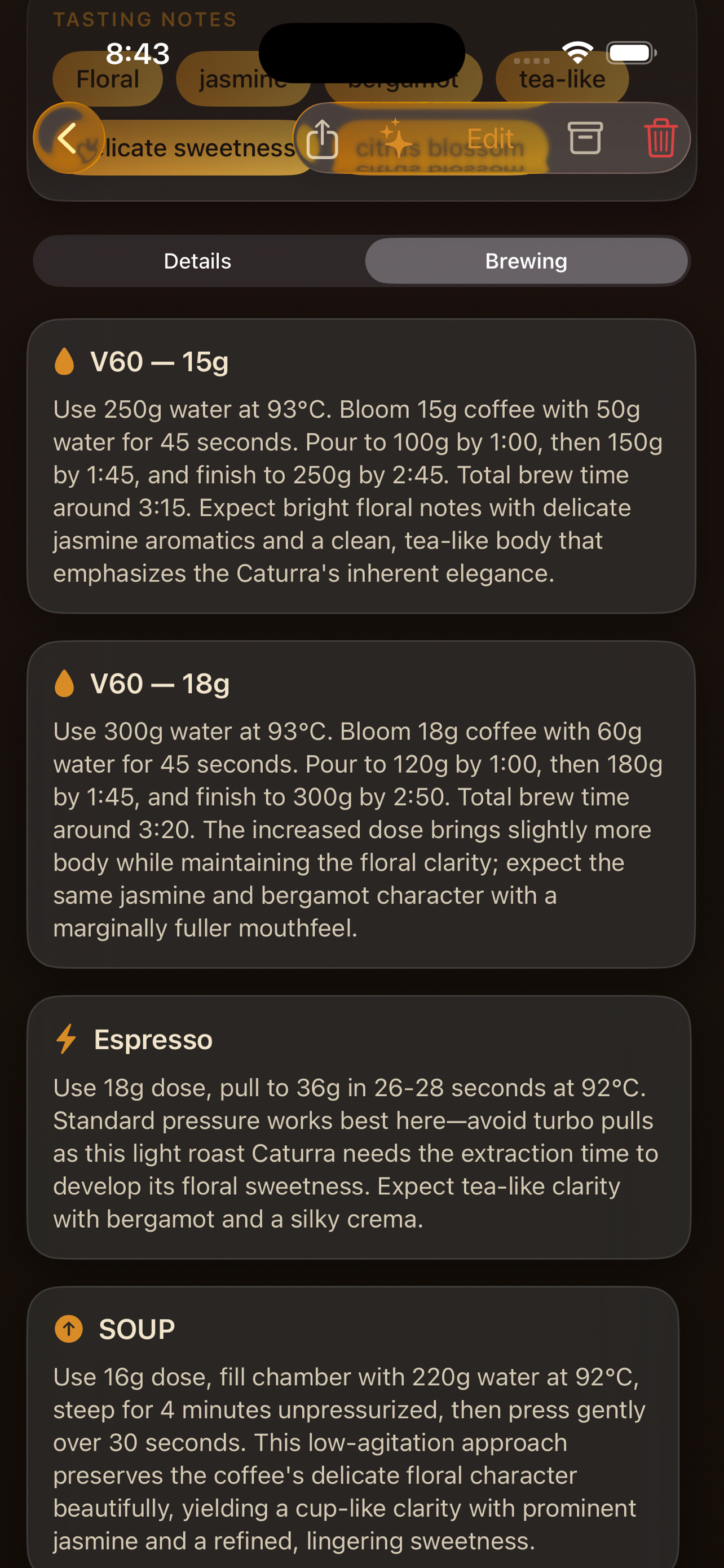 Brewing tab showing AI-generated V60, Espresso, and SOUP recipes