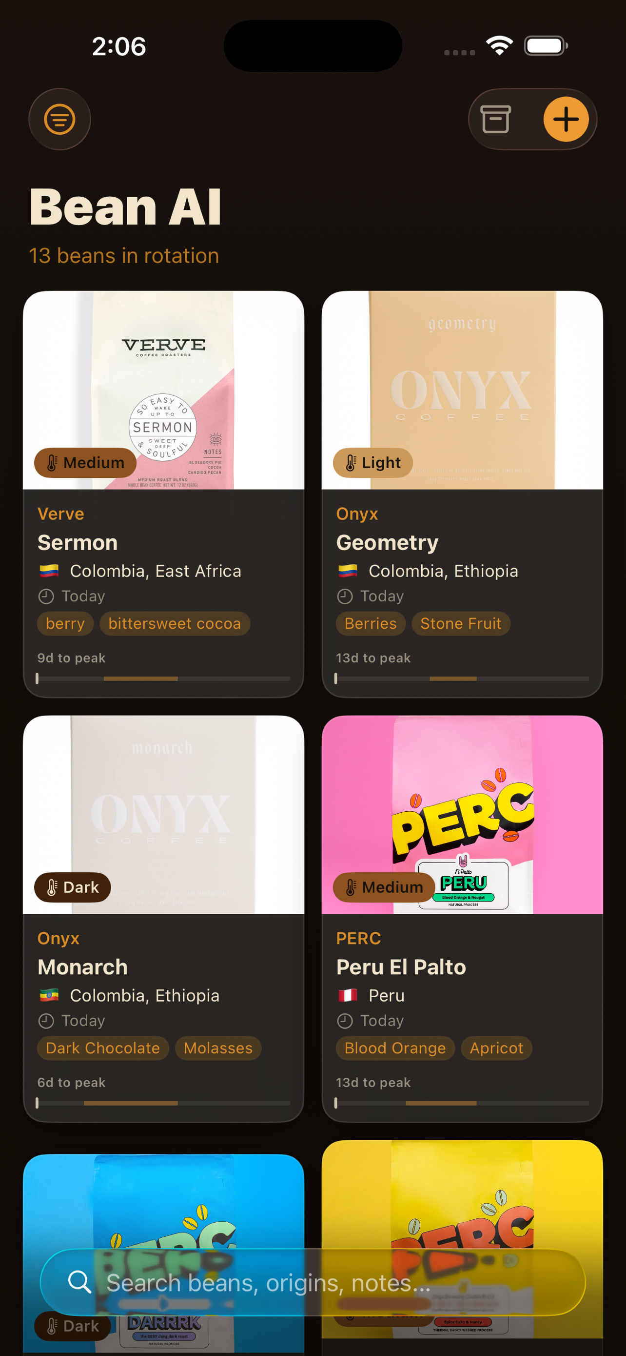 Bean AI catalog grid view showing coffee bags with roast badges and peak flavor bars