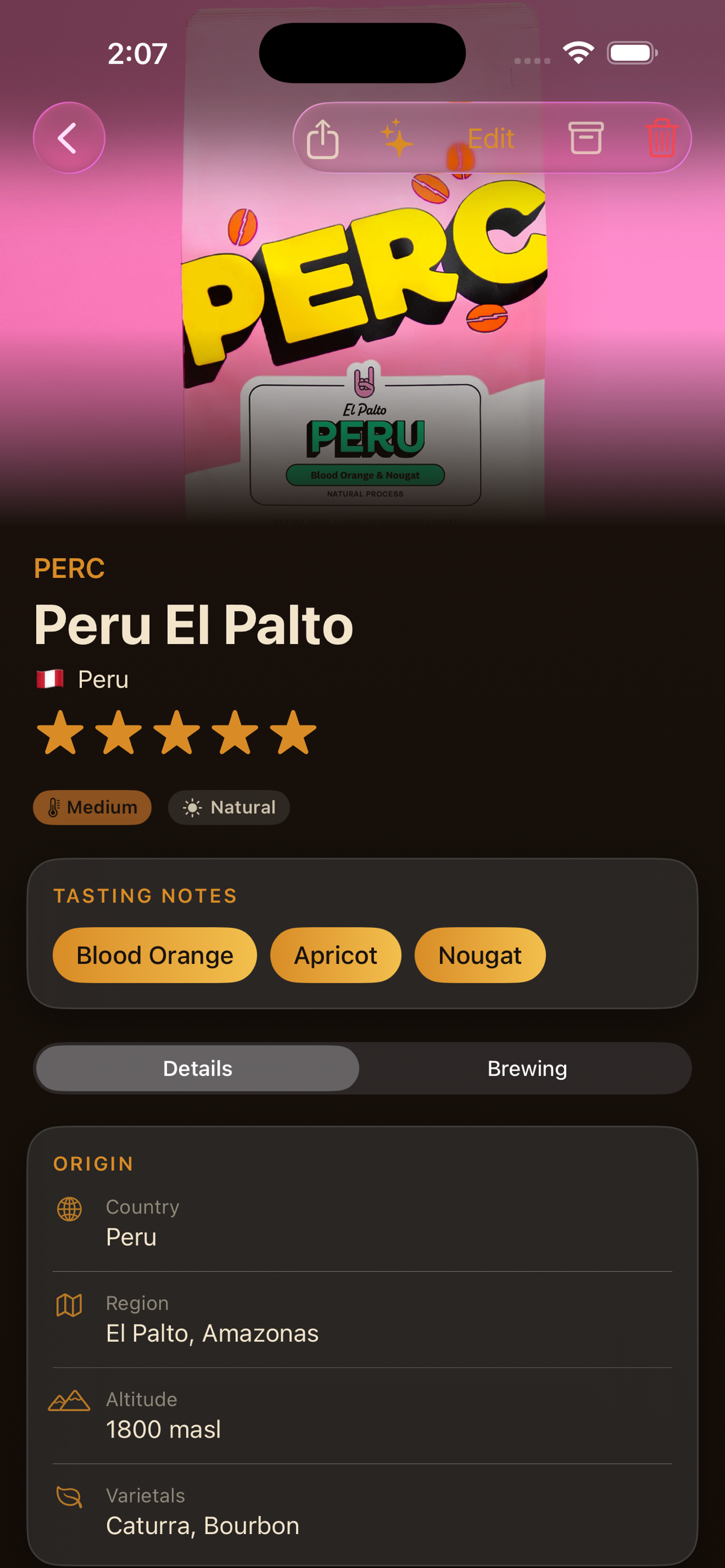 Bean detail view showing PERC Peru El Palto with origin, tasting notes, and brewing tab