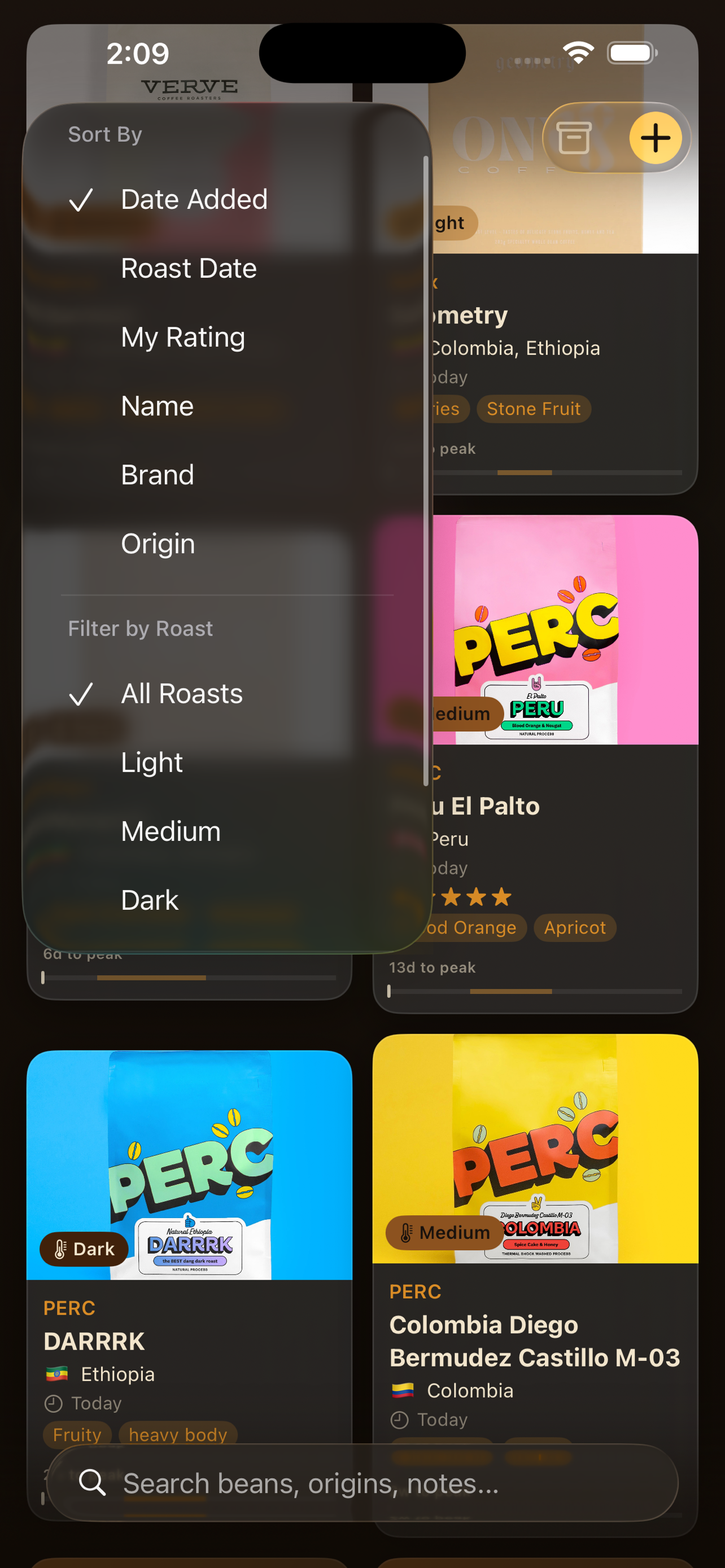 Sort and filter menu with options for date, roast date, rating, name, brand, and origin