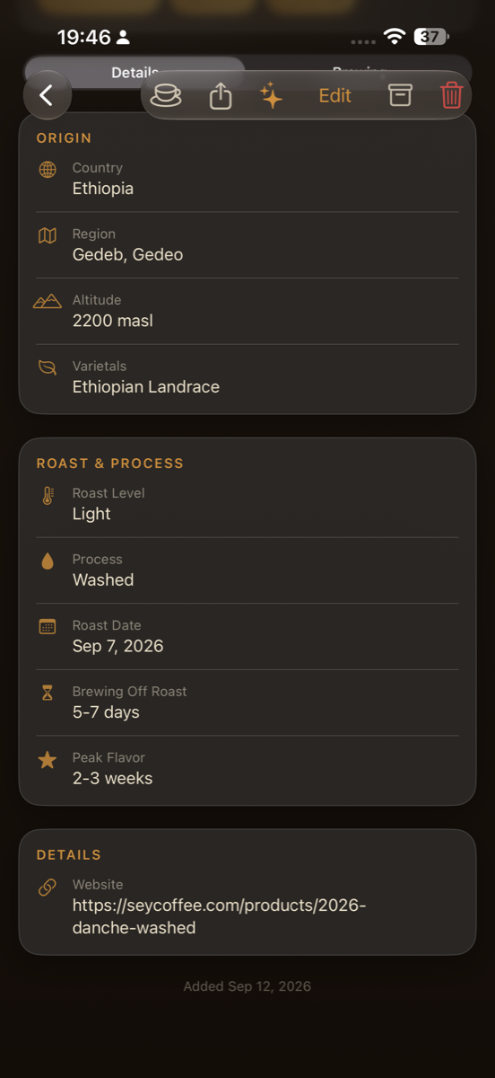 Roast and process detail showing roast date, rest window and peak flavour period